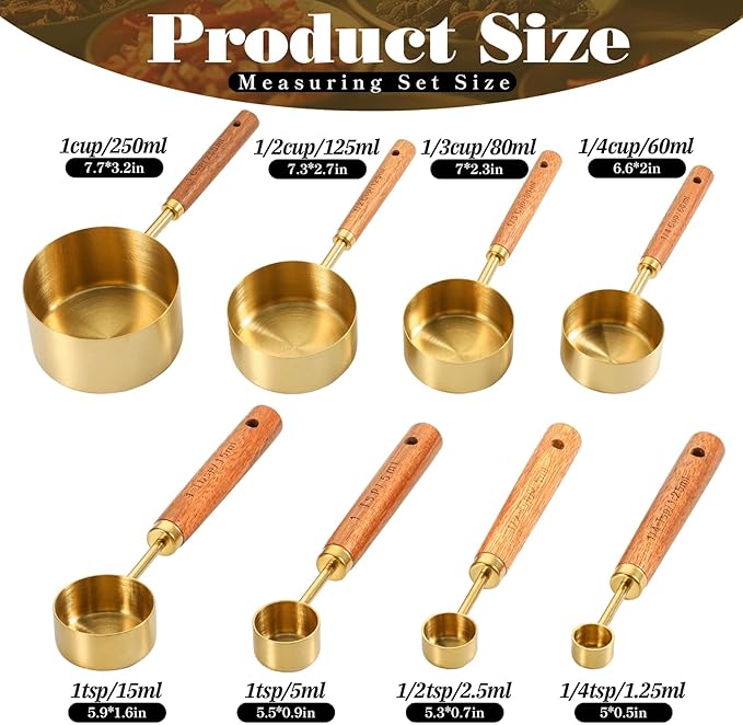 SHENLIU 8 Pcs Gold Measuring Cups and Spoons Set, Black Stainless Steel Measurings Cups with Wooden Handle, Metal Measuring Spoons and Measurings Cup Set for Kitchen Cooking Baking