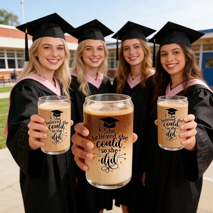 Graduation Gift for Her 2026 - 16oz Glass Cups with Lids and Straws, Coffee Mug Gift Set for Women, College Graduate Gift Box, Master Degree Doctorate Nursing PHD, Congrats Class of 2026 (White 3)