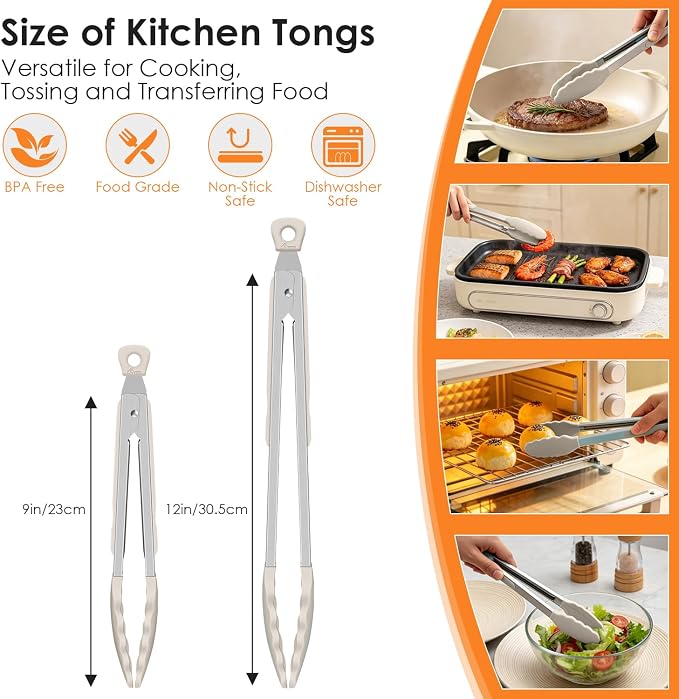 HOTEC Silicone Kitchen Tongs Set of 2-9" and 12" Locking Stainless Steel Cooking Tongs with Silicon Tips Non-Scratch Heat Resistant 600°F for BBQ, Grill, Air Fryer & Serving, Khaki
