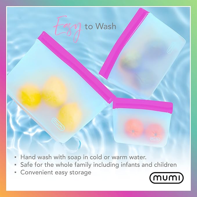 MUMI Piccolo Reusable Zip Up Bags – Set of 3 Silicone Ziplock Bag | Reusable Ziploc Bags for Food Storage, Freezer, & Snacks | BPA-Free Airtight Silicone Storage Bag for Travel & Meal Prep - Orange