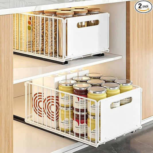 2 Pack Pull Out Cabinet Organizer, Heavy Duty Slide Out Drawer with No Drill Adhesive or Screw Mount, Carbon Steel Roll Out Shelf for Kitchen Cabinet, Pantry & Bathroom Storage