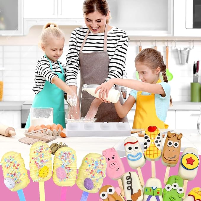 Juome Cake Pop Mold Kit, 2 Pack 8 Cavities Cakesicle Molds Silicone with 100 Wooden Sticks & 100 Packaging Bags with Ties, Cake Pop Maker Supplies Accessories, Baking Tools for Home Desserts (Pink)