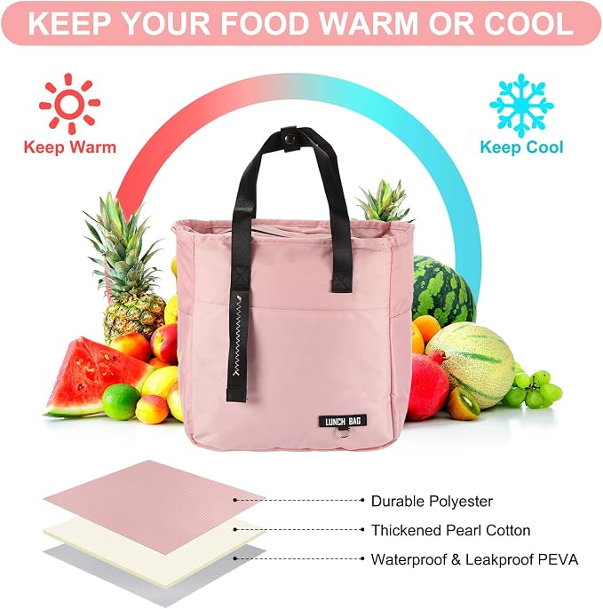 PATIKIL Insulated Lunch Bag Reusable Large Lunch Bag for Women & Men Thermal Lunch Box Leakproof Cooler Tote Bag with Side Pockets for Adults Picnic Office Work, Pink (10.6"x6"x11")