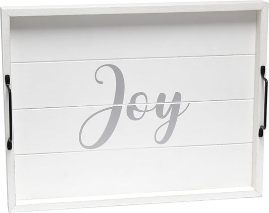 Elegant Designs HG2000-WJY Christmas Decoration 15.50" x 12" Decorative Wood Serving Tray w/Handles, White Wash Joy