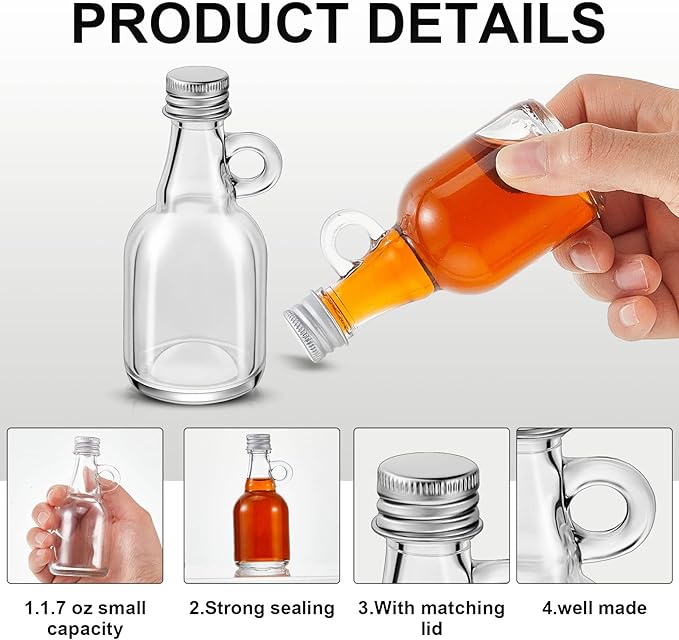 Suclain 32 Pcs 1.7oz Mini Glass Syrup Bottles Small Syrup Jars with Loop Handle and Lids Clear Glass Reusable Maple Jars Container Stout Sample Bottle for Potion Juice Milk Storage Sauce Oil