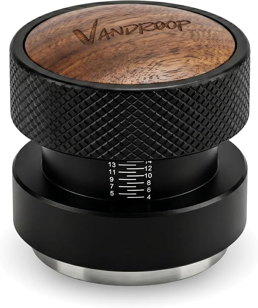 Vandroop 58.35mm Calibrated Espresso Tamper Self-Leveling & Constant Pressure - 304 Stainless Steel Base & Solid Walnut & Aluminum Body - Coffee Tamper Fits 58mm Portafilter for Baristas and Home Use