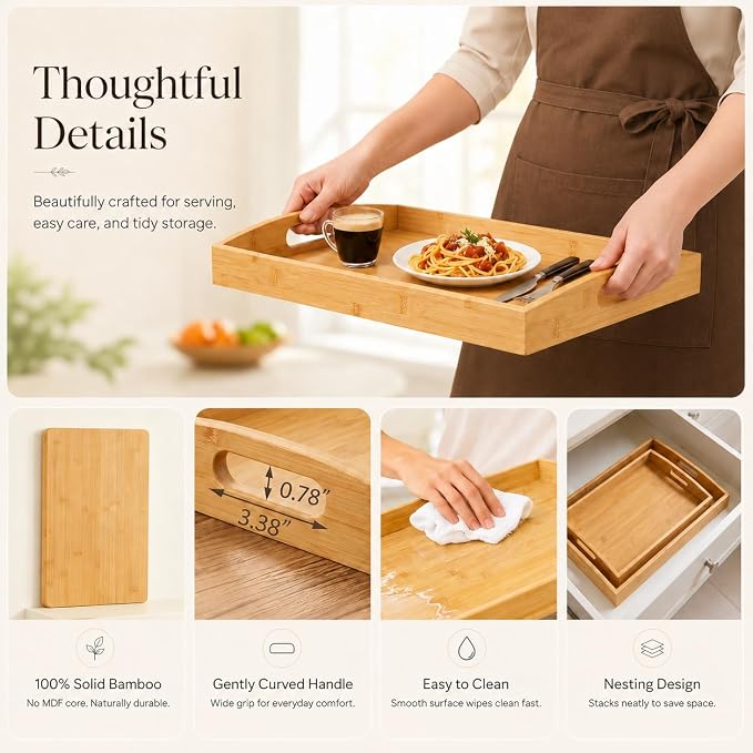 Bamboo Serving Tray Set of 2 with Handles, Rectangular Trays for Food | Solid bamboo trays with curved handles, raised edges; serve food, drinks, coffee, breakfast; nest for organizing & display.