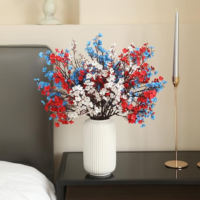 Hananona 10 Pcs 4th of July Flowers Artificial Babys Breath Fake Silk Red White Blue Patriotic Flowers for Independence Day Home Decor Floral Arrangement Table Centerpieces (10, Mix)
