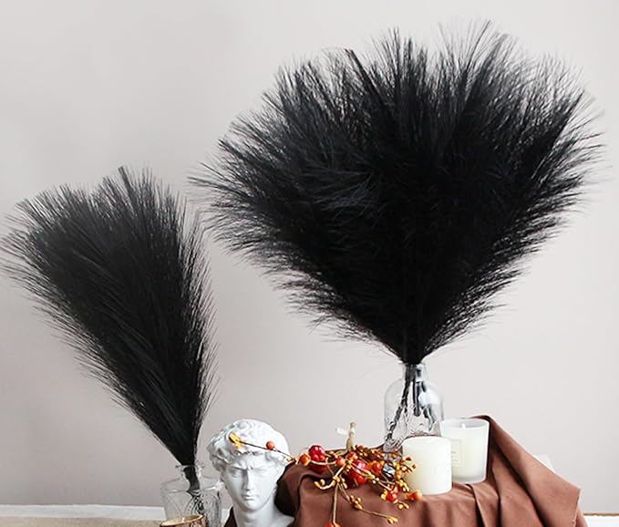 ZIFTY 6-Pcs 17" Black Pampas Grass Faux Pompas Fluffy Artificial Fake Flower Gothic Decorations for Black Bathroom Decor Vase Filler Ins Style Modern Home Decor Halloween (Black)