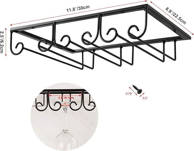 MOCOUM Under Cabinet Glass Rack, Stemware Hanger - 3 Rows Wine Glass Holder for Kitchen Cabinet Bar (Black)