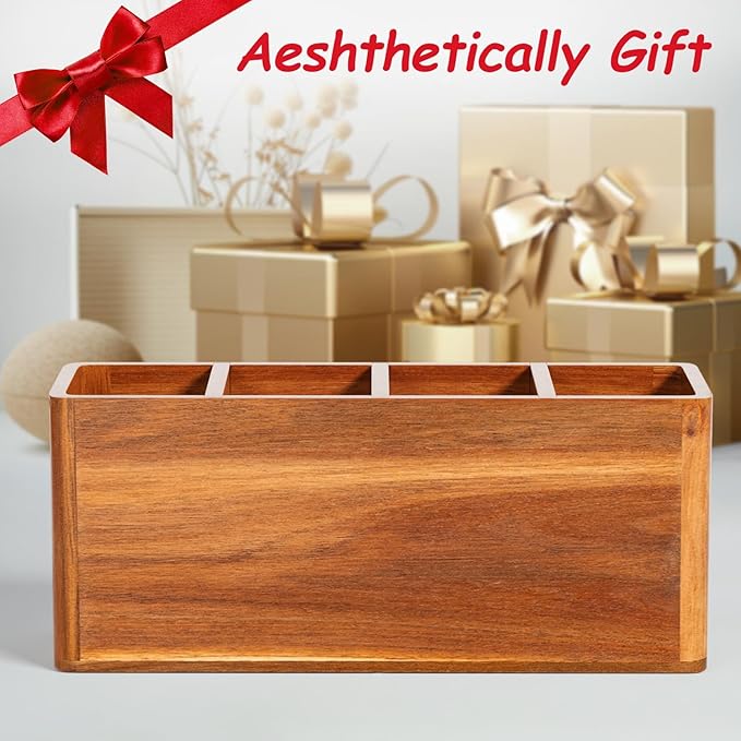 Extra Large Utensil Holder for Kitchen Counter, Acacia Wooden Utensil Holder with 4 Compartment, Kitchen Counter Organizer for Storage Spatula and Silverware, Ideal Christmas Gift for Farmhouse Decor