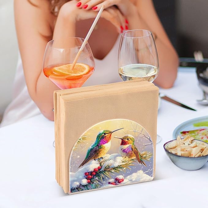 Napkin Holder Acrylic Napkin Holder for Table Kitchen Party Restaurant U Shaped Upright Napkin Dispenser Organizer Winter Hummingbirds and Pine Tree