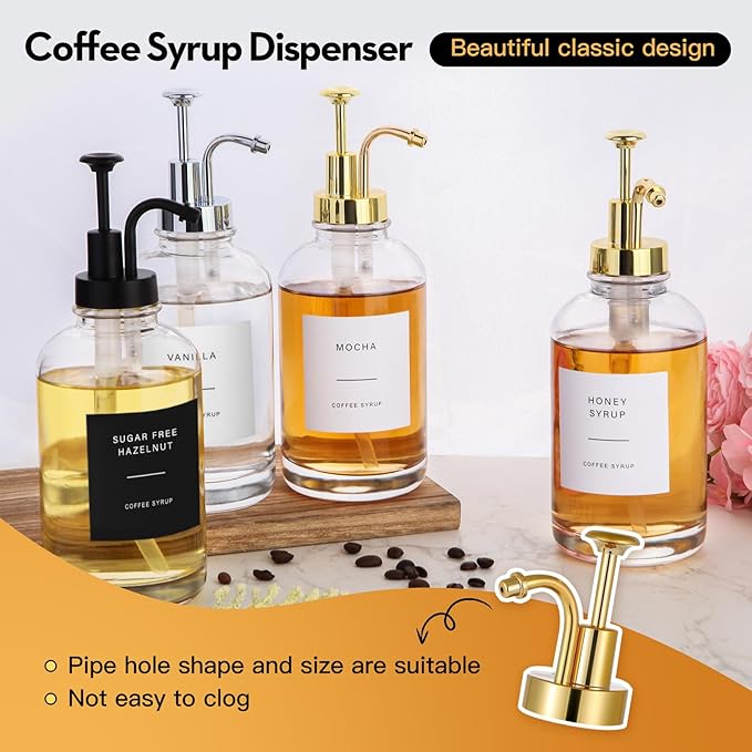Coffee Syrup Dispenser-4pack,16.9 oz 500ml,Coffee Bar Accessories,Syrup Pump Dispenser for Coffee Bar,Contains Cleaning Tools, Funnel