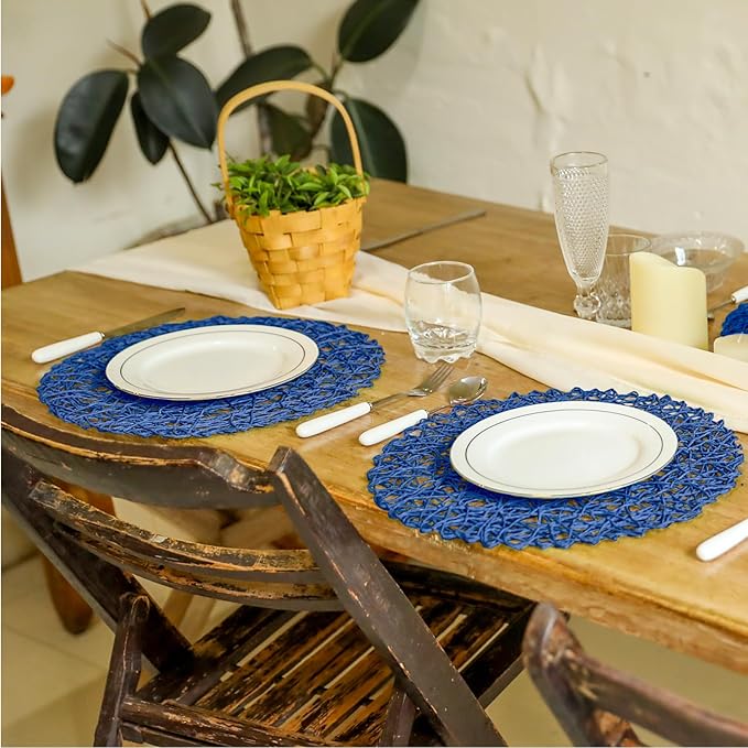 AHHFSMEI Paper Braided Round Placemats Set of 12 Natural Non-Slip Heat Resistant Table Mats for Dining Tables Farmhouse Woven Indoor Outdoor Place mats (Blue,12)