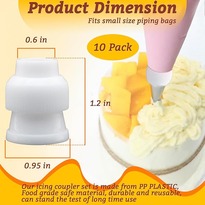 10 Pack Piping Bag Couplers for Icing Nozzles, Medium Couplers for Piping Bags, White - Small sized - PP