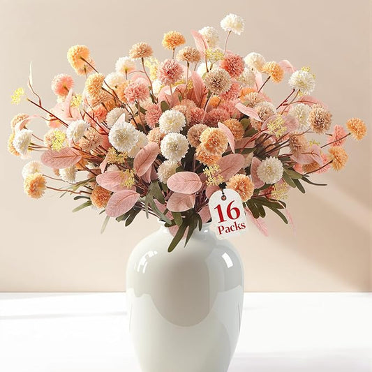 Alupssuc 16 PCS Faux Flowers for Vase Artificial Silk Mums with Eucalyptus, Fake Chrysanthemum Floral with Adjustable Long Stem for Dining Table Centerpiece Home Decoration Indoor, 4 Colors