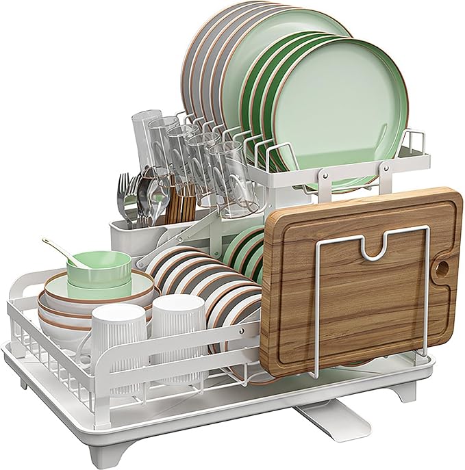 2 Tier Dish Drying Rack Automatic Drainage Board Space-Saving for Kitchen Counter with Cups Holder