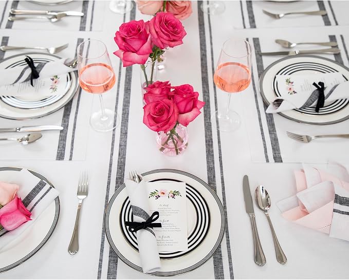 Solino Home Linen Table Runner 120 Inches Long - 100% Pure Linen Black and White French Stripe Table Runner 14 x 120 Inch for Dining, Summer
