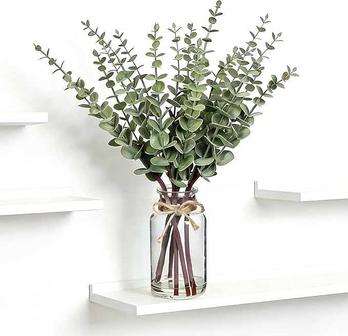 Artificial Eucalyptus Stems in Glass Vase with Faux Water, 17.5" Faux Greenery for Vase,Fake Plants for Bathroom Decor Farmhouse Room Decor Table Decorations Home Decor Wedding (Sage Green)