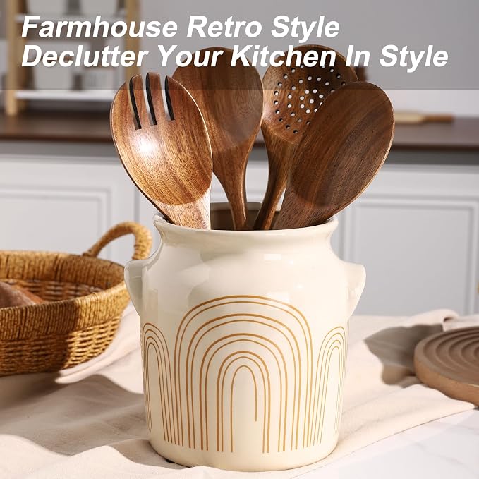 Ceramic Farmhouse Kitchen Utensil Holder for Countertop, Rustic Cooking Utensil Holder Crock Fit for Kitchen Counter. Arch Pattern 5.3 x 5.3 x 6.8 IN