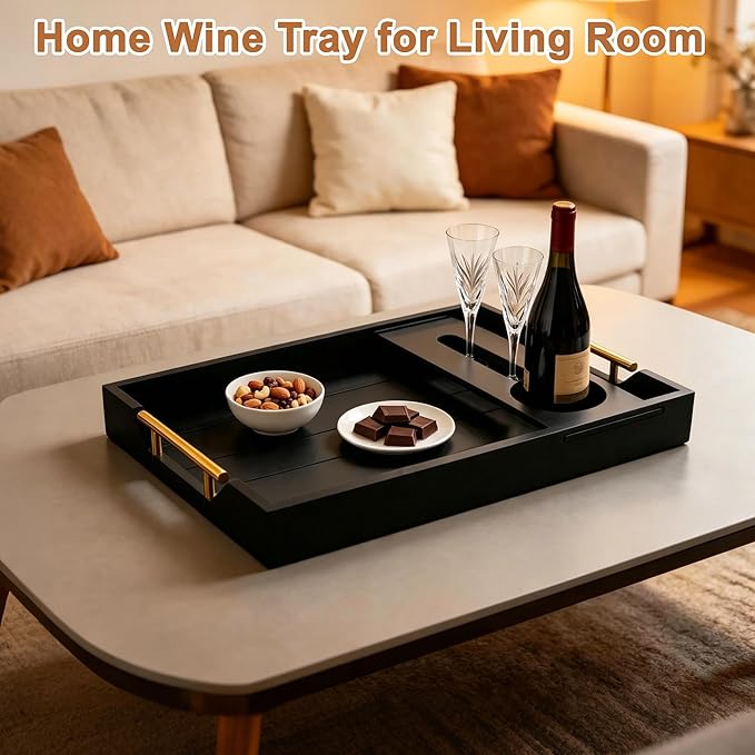 Serving Tray with Wine Glass Holder, Charcuterie Snack Tray with Handles for Wine, Cheese, Fruit and Nuts, Picnic Tray for Parties, Coffee Table and Entertaining