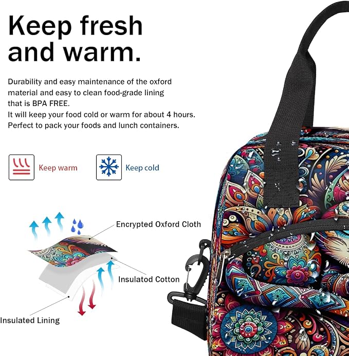Pardick Art Cat Flower Insulated Lunch Bag for Women Leakproof Lunch Box Large Cooler Thermal Tote Bag with Shoulder Strap Meal Prep Bags for Work School Office Picnic Teen Girls Adult