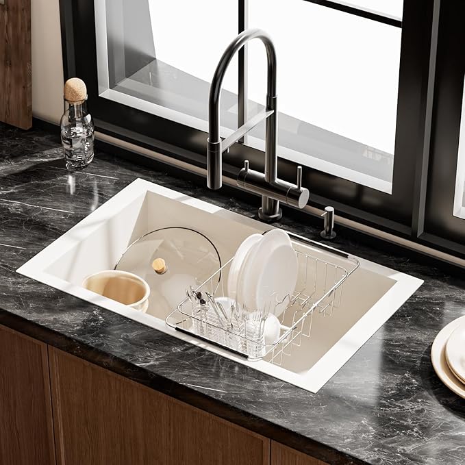 NiuYichee Stainless Steel Dish Drying Rack(15" L X 11" W X 4.1" H), Expandable Drain Rack Over Sink, Dish Drainer Rack in Sink, with Stainless Steel Utensil Holder & 4 Hooks Cup Hanger