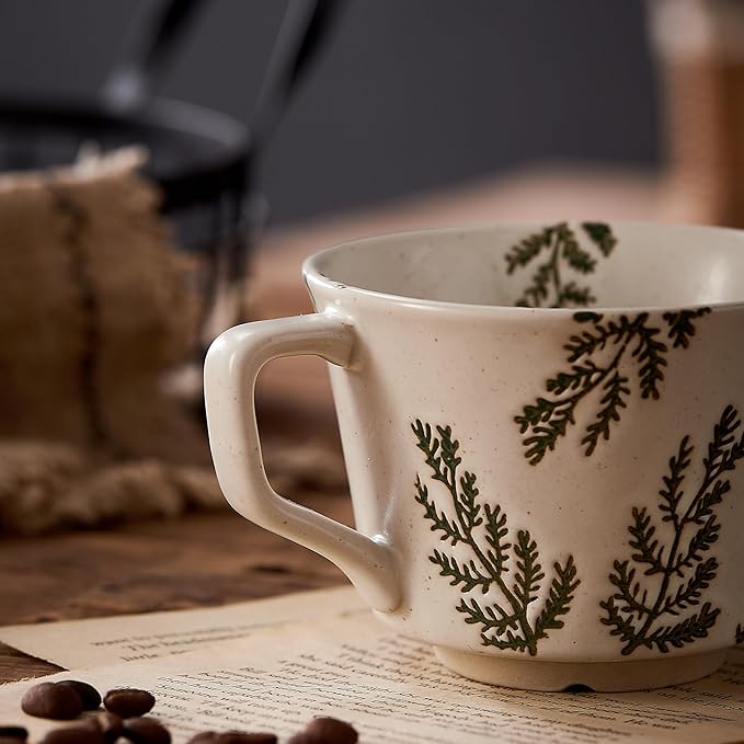 12oz Vintage Ceramic Coffee Mug Set of 2 - Handmade Stoneware Pottery Countryside Farmhouse Fall Autumn Tea Mugs with Big Handle for Latte,Cocoa,Dishwasher & Microwave Safe Cups (Plants)