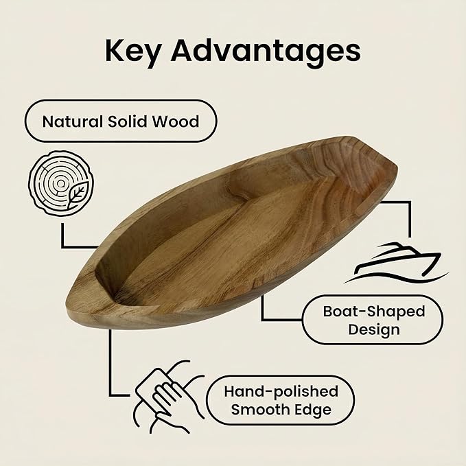 Handcrafted Boat-Shaped Solid Wood Serving Tray (11.6 x 4.5 x 2.2 inches) – Decorative Wooden Appetizer Platter for Home Parties, Game Nights, Snacks, and Desserts – Natural Wooden Boat