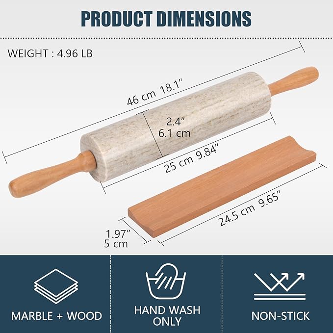 Marble Rolling Pin With Stand, 18.1-Inch Polished Non-Stick Stone Dough Roller With Wooden Handles for Baking Pasta, Pizza, Cookies, Pie Crust, Kitchen Pastry Tools (1, Viva Jade, 18.1)