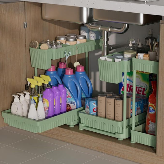 Sevenblue 3 Pack Multi-Purpose Pull-Out Storage Organizers, 2-Tier L-Shaped Under Sink/Cabinet Organizers and Storage for Bathroom & Kitchen,Green,14.85 Inch