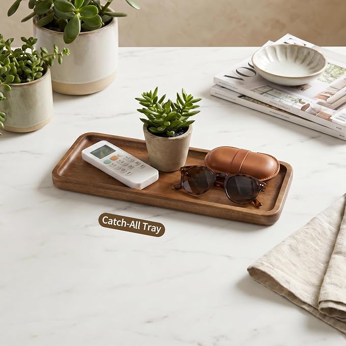 Small Wooden Tray | Acacia Wood Tray for Vanity, Bathroom Counter, Coffee Table & Toilet | Perfect for Jewelry, Remote, Perfumes & Catch All | Mini Charcuterie Board Serving Platter (Rectangular)
