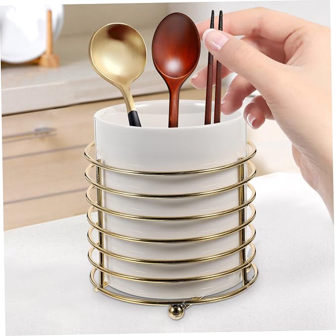 PRETYZOOM Ceramic Cutlery Organizer with Detachable Iron Wire Large Kitchen Spoon Holder for Chopsticks and Utensils Stylish White and Gold Design for Desktop Use