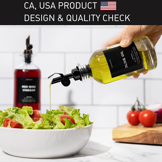 Verspace - Clear Glass Olive Oil Dispenser Bottles For Kitchen With Silicone Tray - 2 Pack - 12oz Includes 40 Labels, Soy Sauce Dispenser, Coffee Syrup Dispenser, Olive Oil Bottles Set Of 2, Black