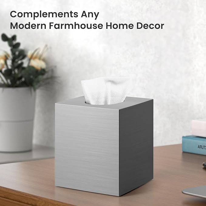 Tissue Box Cover, Square Facial Acrylic Tissue Box Holder with 2 Pack Clear Qtip Holder Dispenser, Bathroom Vanity Dresser Night Stand Essentials Accessories Decor, Modern Farmhouse Decor,Sliver