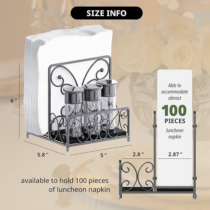 Napkin Holder – Metal Napkin Storage with Salt and Pepper Caddy (Shakers Not Included), Modern Napkin Dispenser for Table or Kitchen Countertop, Servilletero for Farmhouse Décor