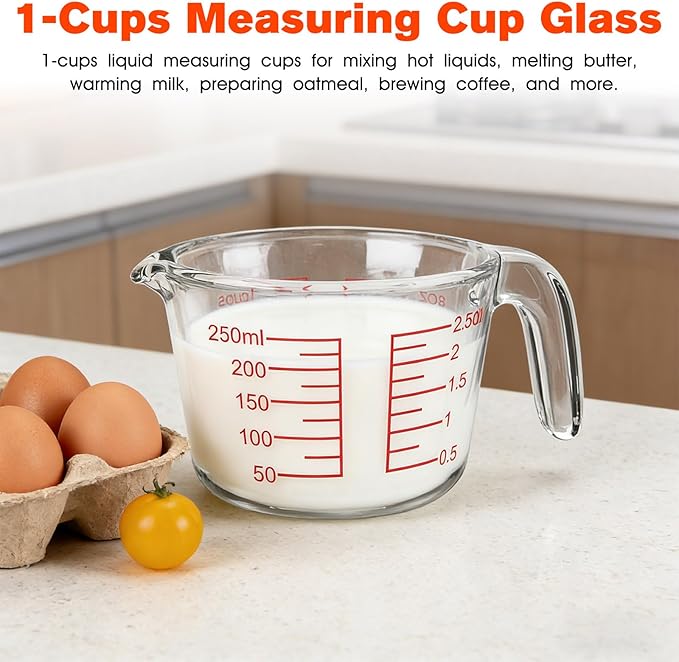 1 Cup Glass Measuring Cups,Clear Borosilicate Glass Liquid Measuring Cup for Kitchen & Baking Microwave Oven Dishwasher Safe Measuring Cups,8 oz/250ml Glass Measuring Cup