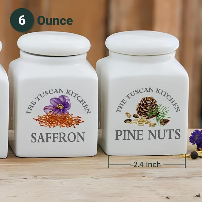 HOMBENE Kitchen Storage Spice Canisters Ceramic Containers, Food Jar with Airtight Lids, 6 oz Containers Jar for Pink Nuts, Turmeric, Saffron, Black Pepper Set of 4, White