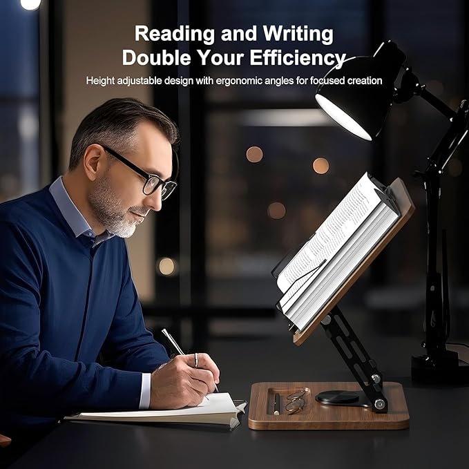OPTIXCELL Book Stand for Reading, 360° Rotating Hands Free Book Holder, Adjustable Height and Angle, Page Clip for Cookbook, Recipe, Magazine, Laptop,Tablet, Foldable for Kitchen, Office, School