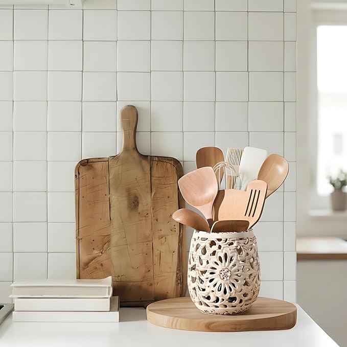 Farmhouse Kitchen Utensil Holder for Kitchen Counter, Ceramic Large Cooking Utensil Crock with Cork Mat, Countertop Cooking Tool Spatula Organizer, Beige Antique Design