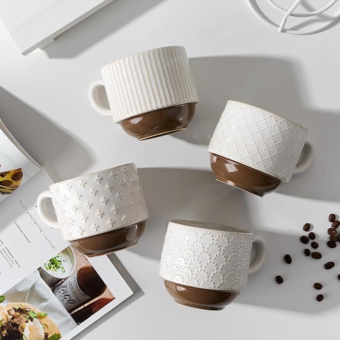 Large Ceramic Coffee Mug Set of 4 with Stand, 15 Oz Stackable Different Embossment Ribbed Latte Cup Set for Cappuccino, Tea, Hot Cocoa, Drinks - Dishwasher & Microwave Safe, Aged Ivory