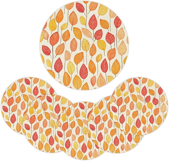 Round Placemats Set of 4, Autumn Maple Leaves Woven Placemats Mats Non-Slip Heat Resistant Washable Table Mats Round Braided Place for Farmhouse Kitchen Dining Party Decor 15in-15