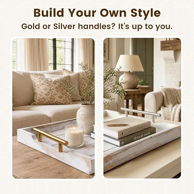 Wood Serving Tray with Metal Handles, 17x13in Large Wooden Tray for Ottoman, Coffee Table, Breakfast, Dinner & Bar, Decorative Tray for Living Room, Bedroom, Bathroom and Kitchen, Off-White