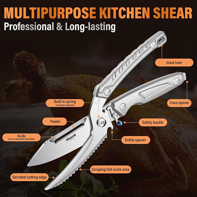 Huusk Heavy Duty Poultry Scissors - Kitchen Scissors for Food with Serrated Edge, Detachable Sharp Shears for Cutting Meat, Chicken Bone, Christmas Gift for Men and Women