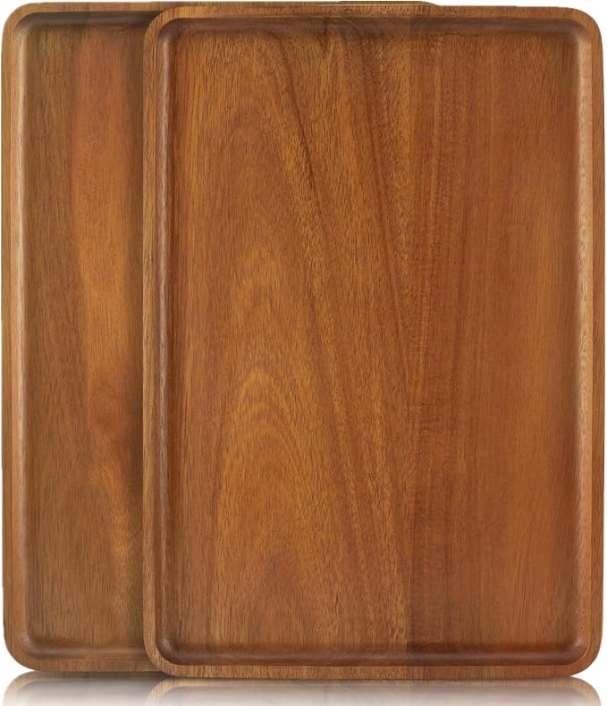 2 PCS Solid Acacia Wood Serving Trays 16 * 12 inch Rectangular Wooden Serving Platters Natural Wooden Boards for Bar Coffee Party