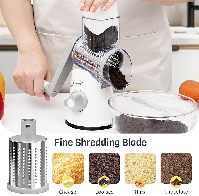 Rotary Cheese Grater Hand Crank, 3 Blades Slicer Shredder, Cheese Grater for Kitchen, Multi-Functional Kitchen Tool for Vegetables, Nuts, Chocolate, with Strong Suction Base, White