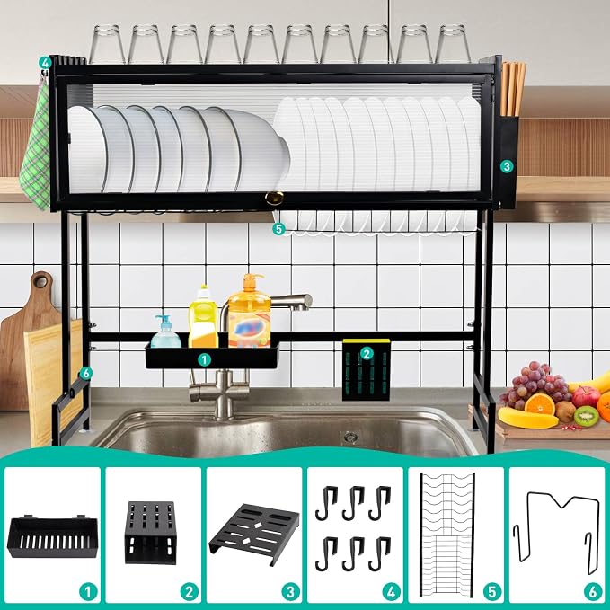Over The Sink Dish Drying Rack - 3 Tier Large Capacity Metal Dish Drainer Over The Counter Dish Rack Kitchen Sink Shelf with Cover for Kitchen Storage & Organization Black