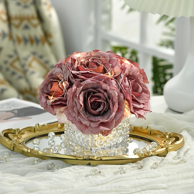 Artificial Rose in Glass Vase Vintage Silk Flower Arrangement with LED Light for Table Centerpiece Home Wedding Decoration (Plum Purple)