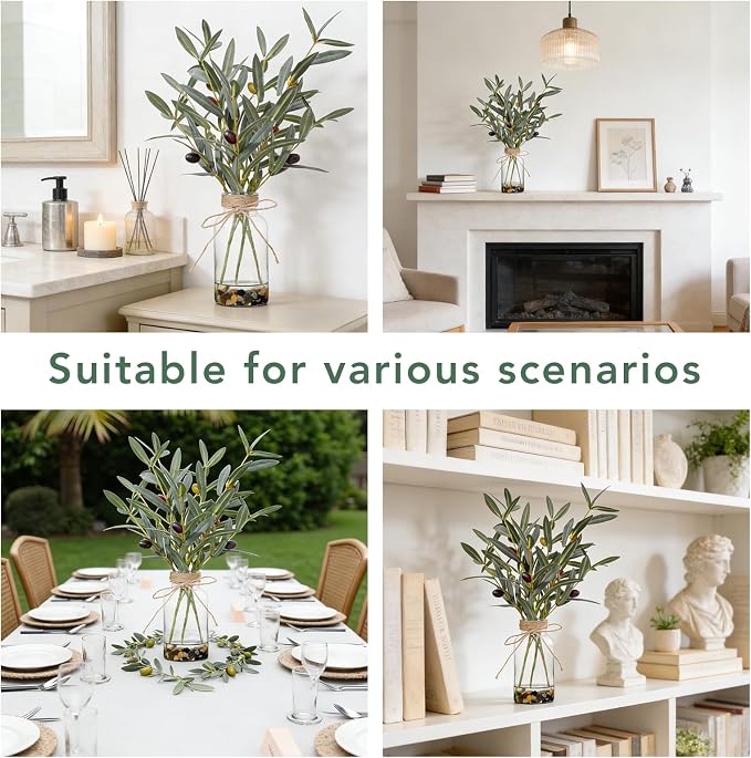 15.74” Artificial Olive Branches in Glass Vase with Faux Water & Natural Stones, Lifelike Fake Greenery for Modern Farmhouse Home Decor, Bathroom decor, Office Desk Centerpiece, Housewarming Gift