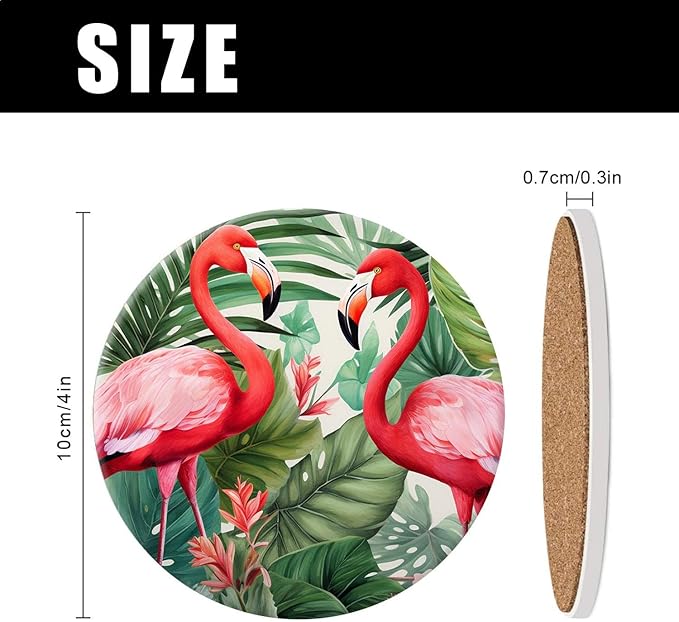 Tropical Flamingo Bird Palm Tree Leaves Watercolor Exquisite Set of 4 Ceramic Coasters with Holder,Absorbent Drink Bar Coasters,Table Coasters